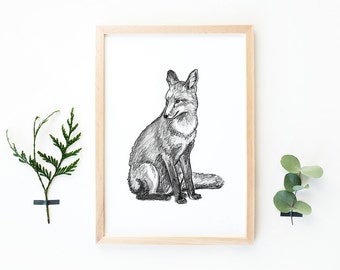 Hand drawn fox print A4, pencil drawing, woodland, fox drawing, black and white print, animal illustration, A4 nature print, home decoration
