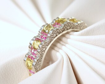 Unique Lace Silver Sapphire Ring, Pink Sapphires, Yellow Sapphires Ring, Sapphire Wedding Band, Sapphire Wedding Ring, Sapphire Engagement