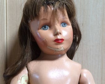 Monica Doll - Composition Doll - Vintage 1940s - 17" TLC Doll for Parts or Restoration - Human Hair Wig - 26-35