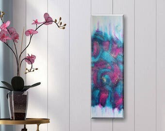 Original Abstract Acrylic Structure Painting 30x90 cm blue magenta gold