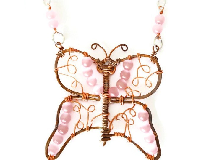 Copper and Pink Cats Eye Beaded Butterfly Pendant, Butterfly Necklace, Valentine's Day Gift