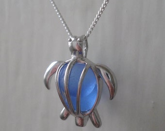 Smoky Blue Sea Glass Sterling Silver Turtle Locket Necklace Pendant, Seaglass, Beach Glass, Beach Jewelry, Charm, Seaglass Necklace, Seaham