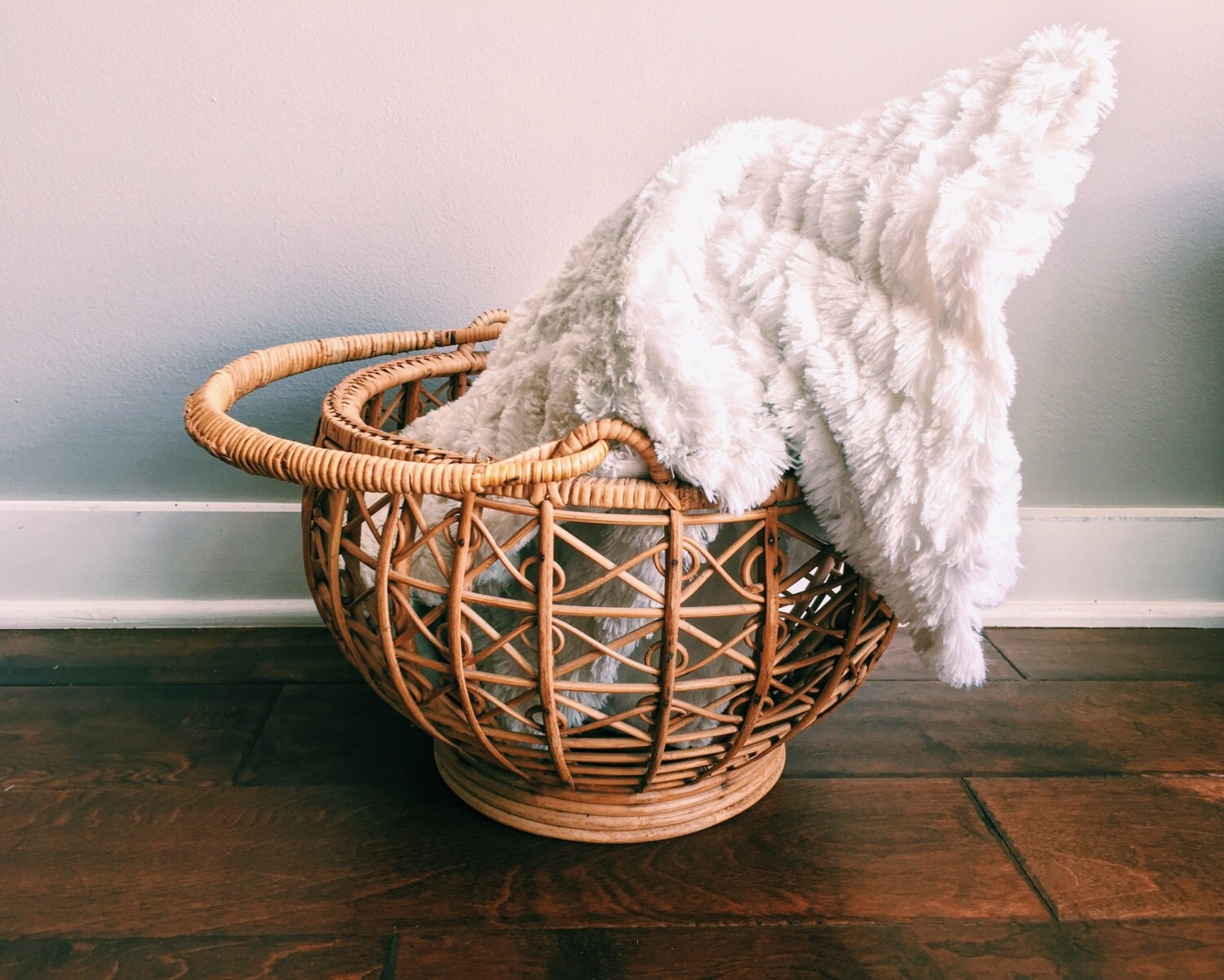 Vintage Rattan / Bentwood Basket w/ Handles / Blanket Basket