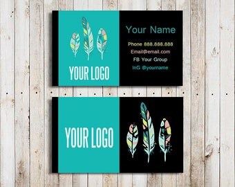 Boho Business Cards Custom Business Cards Digital Business Cards Black Feathers LuLa Business Cards Black LLR