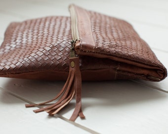 Hand Woven Tan Leather Clutch Handbag, Fine Leather, Extendable Fold Over Flap, Extendable Handbag, Clutch, Cross Body or Shoulder Bag