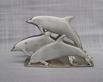 Amos Pewter Dolphin Napkin Holder, Vintage Pewter Letter Napkin Mail Holder, Dolphin Lovers Table Decor, Canada