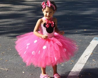 Minnie Tutu Dress, Girls Hot Pink Party Dress, Girls Birthday Dress, Girls Minnie Mouse Dress And Headband Set, Girls Tutu Dress