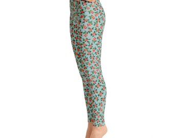 Blue & Pink Rose Leggings | Floral Yoga Leggings | High Waisted Leggings | Yogi Pants | Yogi Gift | Yogawear | Yogagear | Loopy Jayne