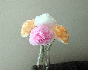Paper Peonies with Stems, Medium paper flowers, Pink peonies, Peach peonies, White peonies, Coffee filter flowers, Handmade home decor