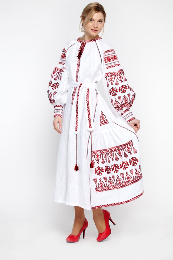 Embroidered Long Boho Dress white for women. Ukrainian