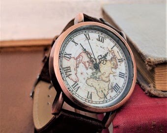 Leather wrist watch, traveler gift, world map watch, globe watch, ladies watch, retro wristwatch, watches for women, simple watches for men