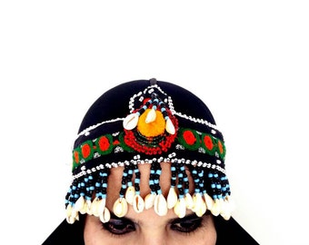 Afghan Tribal Handmade Cowry Shell Headdress Kuchi Boho Gypsy Hippie Indian Headdress Ethnic Banjara Belly Dancing Bells Pom Pom Headdress.