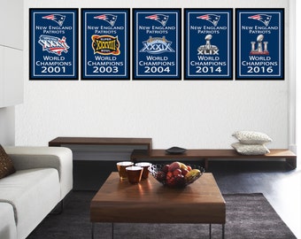 New England Patriots 5 Super Bowl Banners Art Illustration Prints - Set of 5 (FREE SHIPPING)