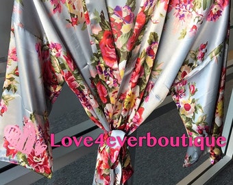 Floral kimono robe, Silk Flower Bridesmaid robes, Satin wedding robes, Getting ready robe, Underwear bridal gifts