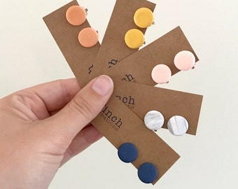Clip on earrings, clay earrings, navy, mustard, terracotta, marble and blush