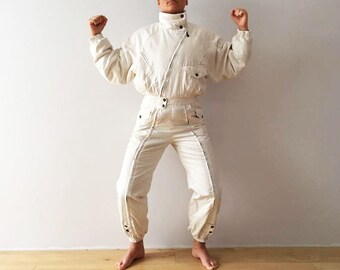 80s 90s Off White One Piece Ski Suit Retro White Snowsuit Hipster Snow Pants Outdoor Winter Wear Snow Gear White Skiing Jumpsuit Size Large