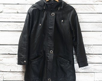 50% OFF | Vintage leather jacket / Hooded leather jacket / Long leather coat
