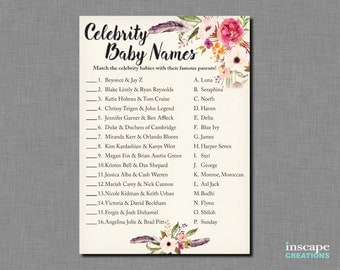 Boho Baby Shower Celebrity Baby Name Game - Celebrity Baby Name Match - Bohemian Flowers Feathers Floral Rustic Country Baby Shower Game