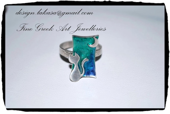 Ring Blue Green Enamel Cat Moon Sterling Silver Handmade Jewelry Fine Greek Art Best Gift Ideas for her Birthday Anniversary Romantic Woman