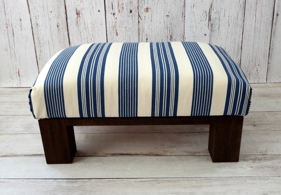 Blue striped ottoman pouf fabric foot stool coastal décor