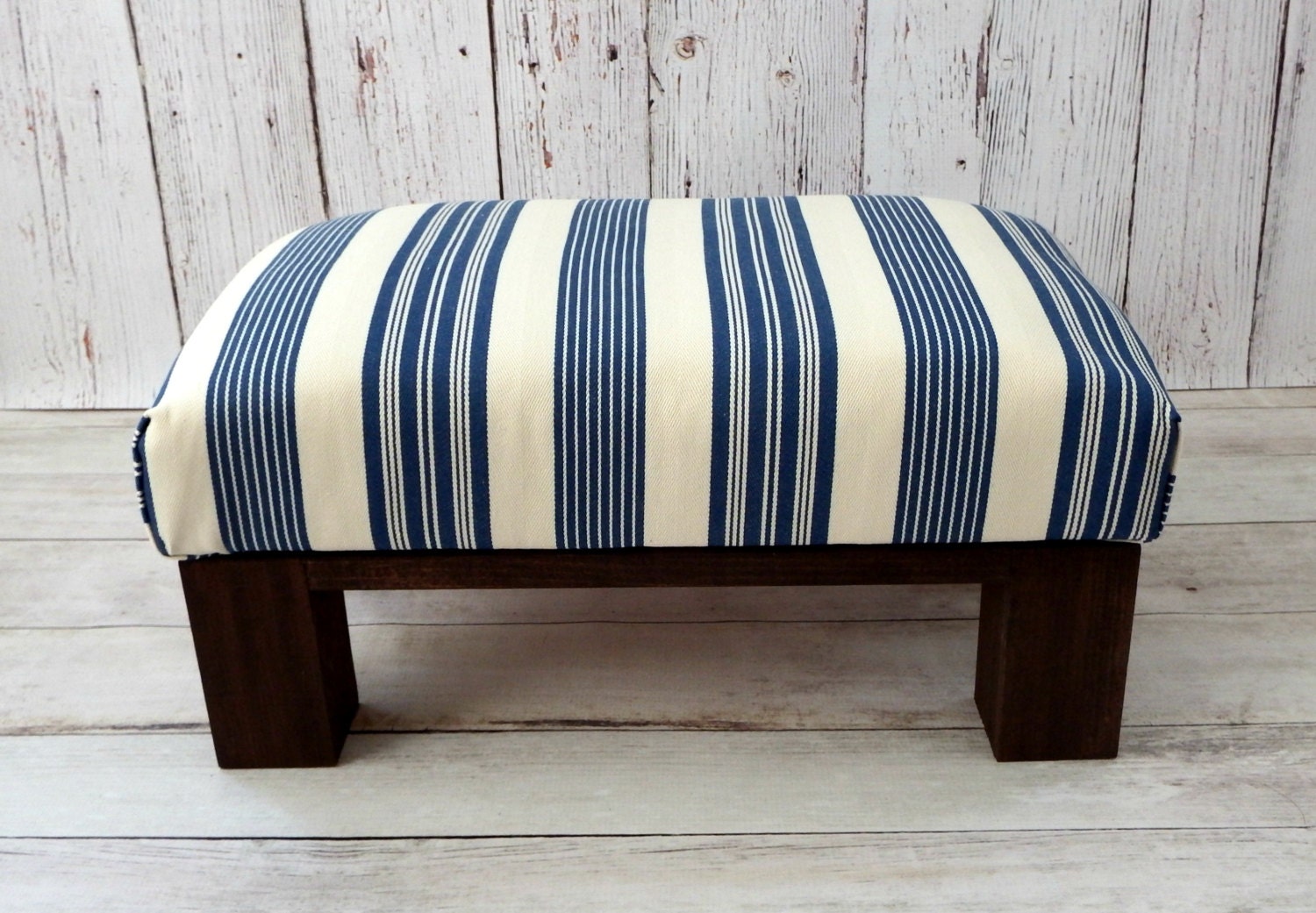Blue striped ottoman pouf fabric foot stool coastal décor