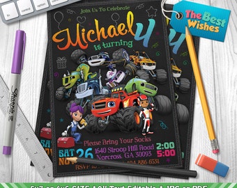Blaze and the Monster Machines Invitation, Blaze Invitation, Birthday Party, AJ, Starla, Personalized, Printable, Chalkboard, Digital File