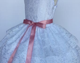 White Sleeveless Lace Ruffle Dusty Rose Belt Flower Girl Gown Wedding Bridesmaid Junior Infant Valentines Summer Spring Rustic Chic Holiday