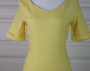 Swedish Vintage Yellow Dress, Knee-Length Short-Sleeve Spring Dress, Yellow White Checked Dress, 1990s Summer Dress: Size 8 US, Size 12 UK