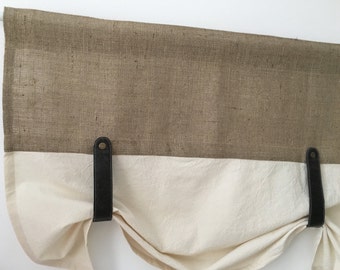 Burlap Curtains Kitchen Valance Faux Leather Tie Up Country Curtain Rustic Farmhouse Window Treatments Primitive Natural Jute Decor Brown