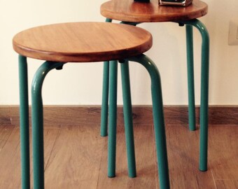 Pair of stools.Handmade. Vintage. Iron and Wood.Industrial stools.