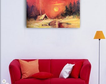 orange painting winter art orange home decor sky art landscape painting room decor moon art house painting housewarming gift/for/couple й20