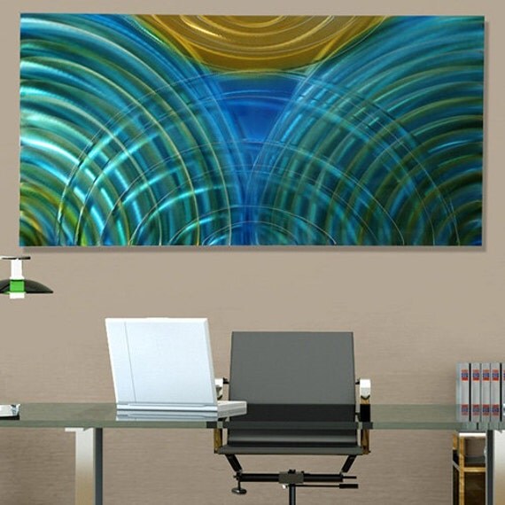 Contemporary Metal Wall Art in Blue Teal & Yellow Modern