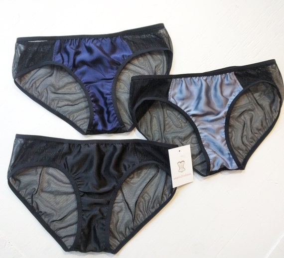 3 silk panties in blue and black satin boxed lingerie gift