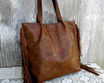 Brown Leather Fringe Tote Bag in Embossed Leather by Stacy Leigh