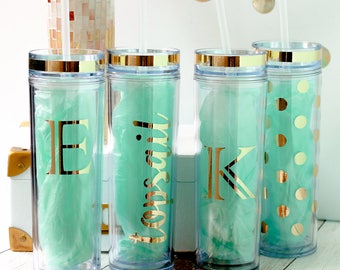 Personalized Skinny Tumbler Travel Cup Gold Foil Lettering Name Initial Polka Dots 16 oz Cup Top Straw Shiny Gold Monogram Custom