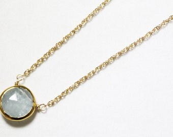 Aquamarine Necklace Gold Bezel Necklace Genuine Aquamarine Necklace March Birthstone Semiprecious Aquamarine Necklace BZ-P-105-Aqua/g