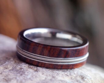 Man Wood Wedding Band, Guitar Ring, Titanium Ring Inlaid With A Guitar String And Bolivian Rosewood, Guitar Jewelry