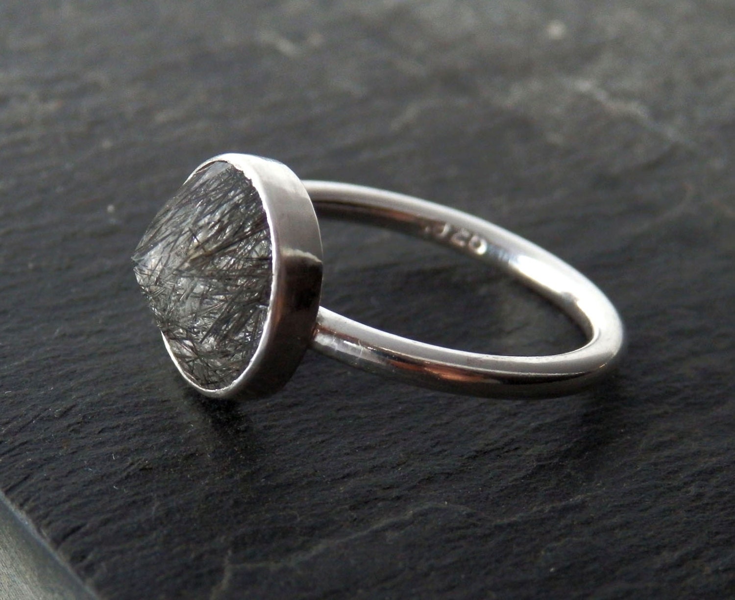 Black tourmalated quartz ring / black quartz spike ring