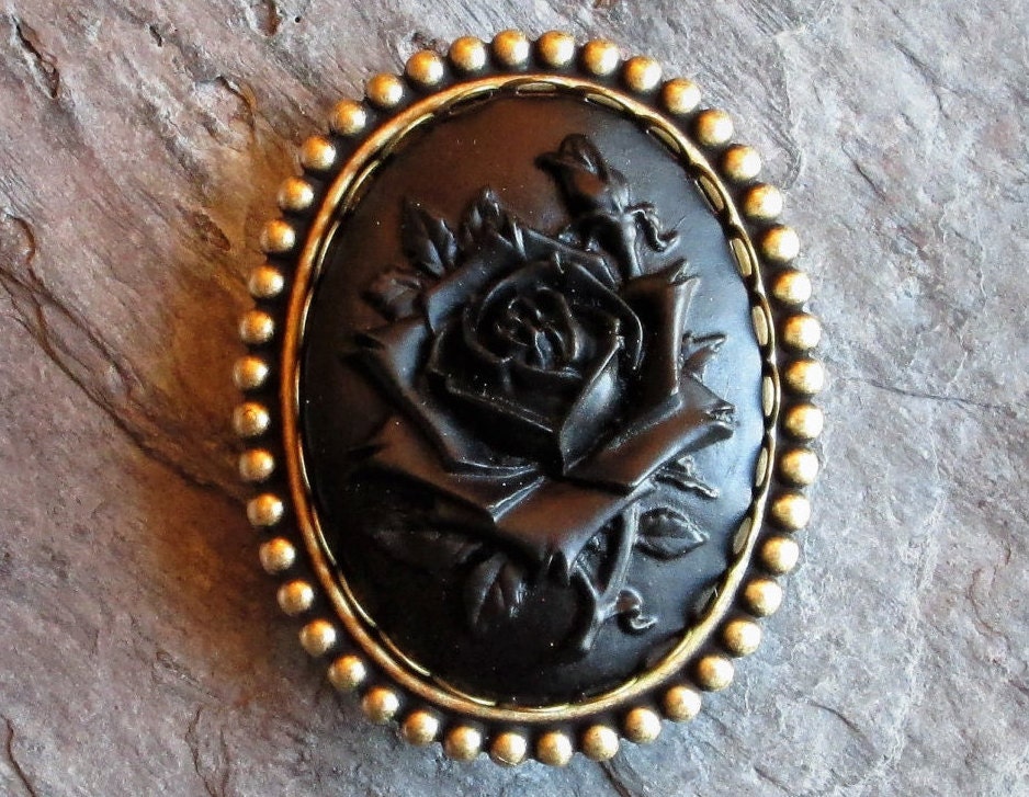 Black Rose Cameo Brooch Antique Brass Brooch Mourning