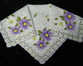Vintage 1950's 13" Scalloped Purple & White Gerbera Daisies Floral Wedding, Bridesmaid Handkerchief or Doily, 9824