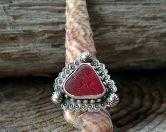 Rare Red Sea Glass Silver Staement Ring Size 7