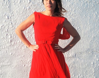 Vintage 1960s Red Chiffon Party Dress by June Fox M/L