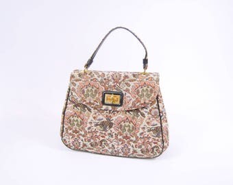 1960s Large Tapestry Handbag - Carpet Bag - Colorful Tapestry Purse // Rust Orange Black / Novelty Print Birds