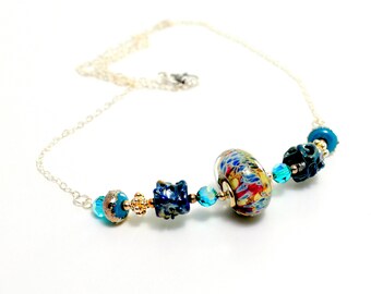 Blue Lampwork Bead Necklace. Glass Focal Bead Necklace. SS Chain Necklace. Artisan Necklace. Lampwork Jewelry. Gifts For Women.