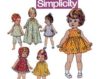 18 inch Doll's Clothes Pattern Simplicity 5721 Vintage Sewing Pattern 70s Doll Wardrobe Dresses Smock Pants Pajamas etc