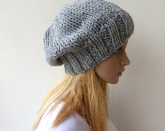 Grey Knit Hat Gray Slouchy beanie Mens Chunky Knit slouch hat Womens knit hat