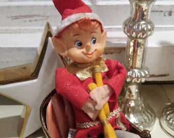 Vintage cotton spun Pixie Elf in his Sleigh Christmas ornament