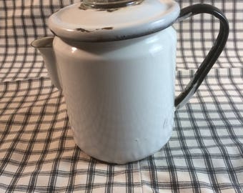 Farmhouse Coffee Pot 1910's White and Black Enamelware Coffee Pot Pyrex Coffee Pot