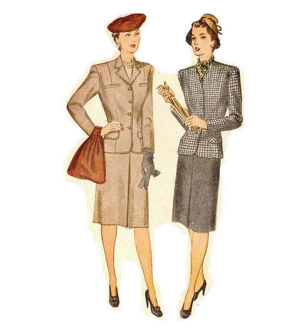 1940s Womens Tailored Skirt and Jacket Pattern V Neckline