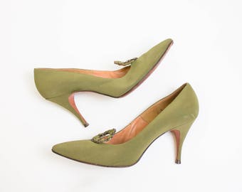 Vintage Stelleto Heels - 1960s De Liso Debs Moss Green High Heels Shoes - Sz 8 N
